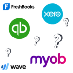 a white square with logo icons of qucikbooks, xero, myob, wave and freshbooks interspersed with questionmarks