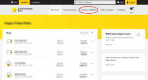 a screen capture from a Commonwealth Bank online banking portal. The link 'Transfers & BPAY' heading is circled in red