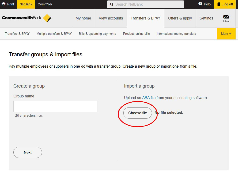 a screen capture of a Commonwealth Bank online banking portal on the 'Transfer groups & import files' screen with the link 'choose file' circled