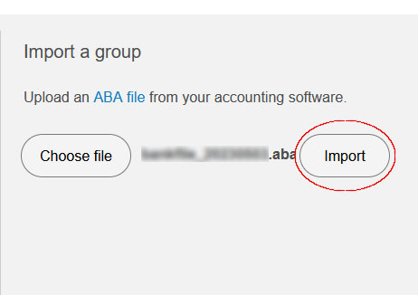 a screen capture of a Commonwealth Bank online banking portal on the 'Transfer groups & import files' screen with the link 'import' circled