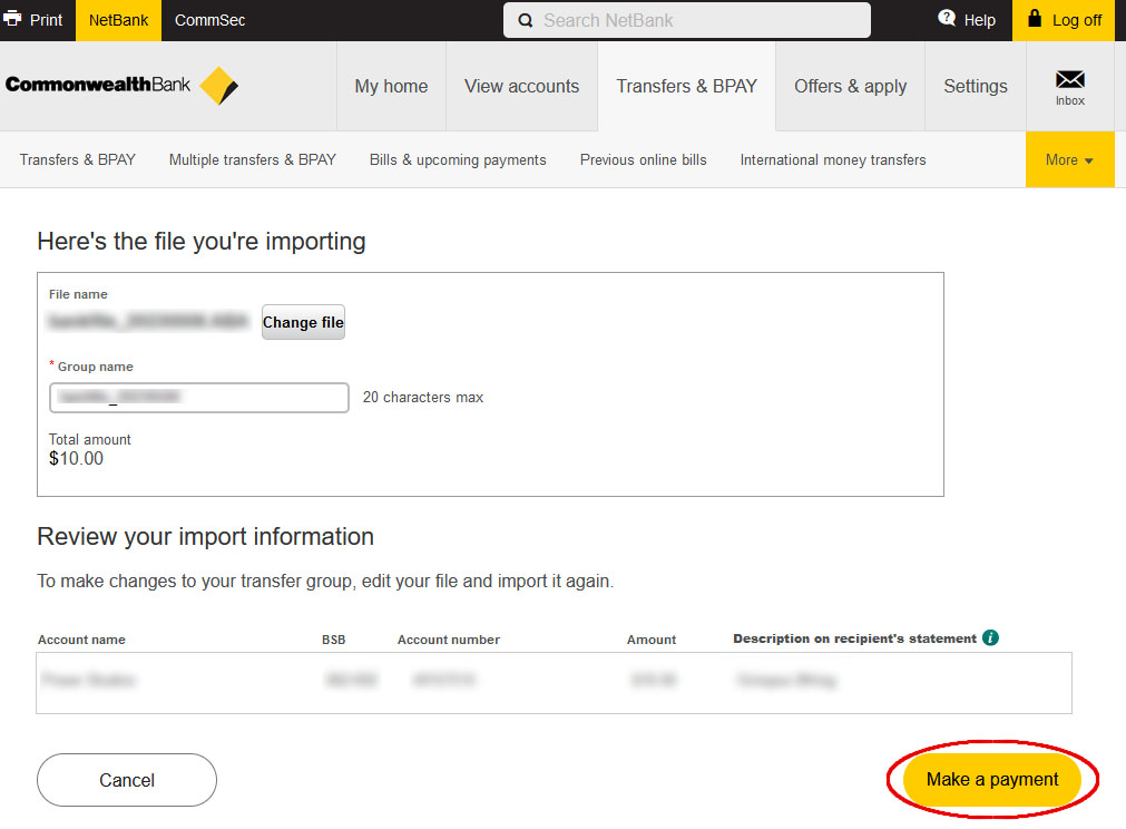 a screen capture of a Commonwealth Bank online banking portal on the 'Transfers & BPAY' screen with the link 'Make a Payment' circled