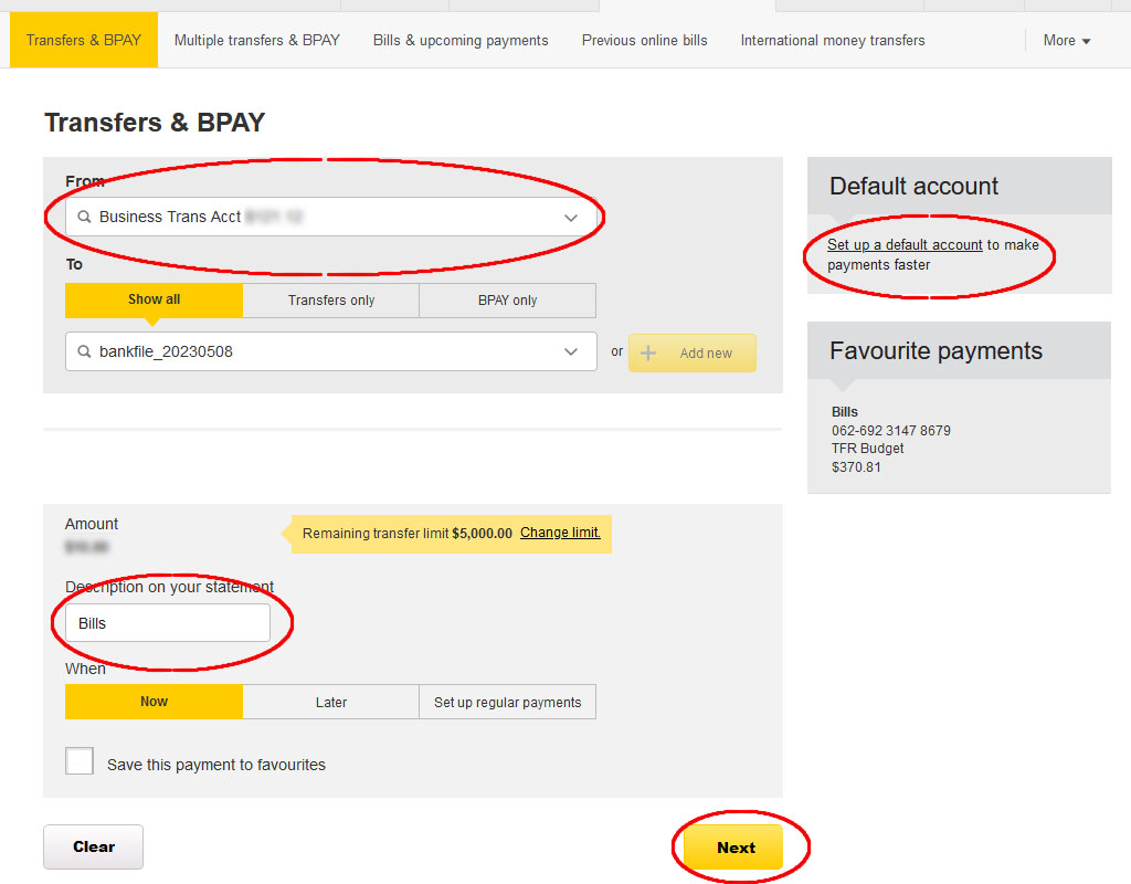 a screen capture of a Commonwealth Bank online banking portal on the 'Transfers & BPAY' screen with several links circled