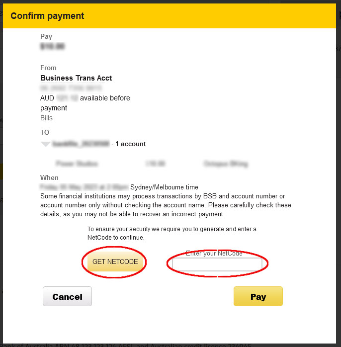 a screen capture of a Commonwealth Bank online banking portal on the 'Transfers & BPAY' screen showing the confirm payment section