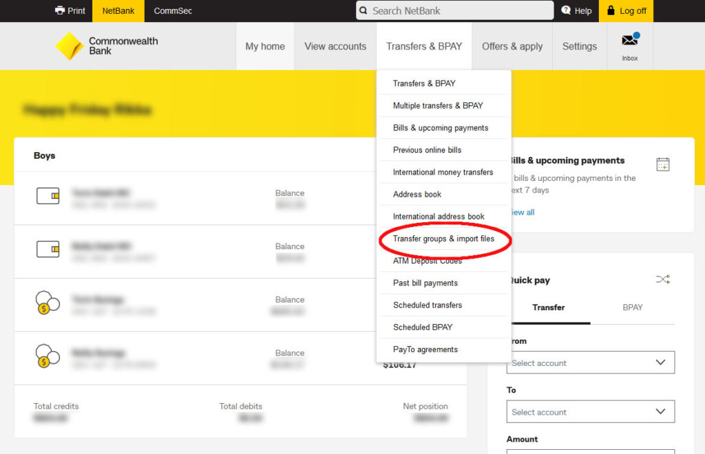 a screen capture of a Commonwealth Bank online banking portal with the link 'Transfer groups & import files' circled